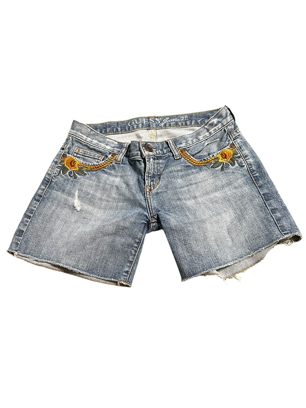 GUESS Y2K Embroidered Denim Shorts Womens 27 Low Rise Floral Distressed